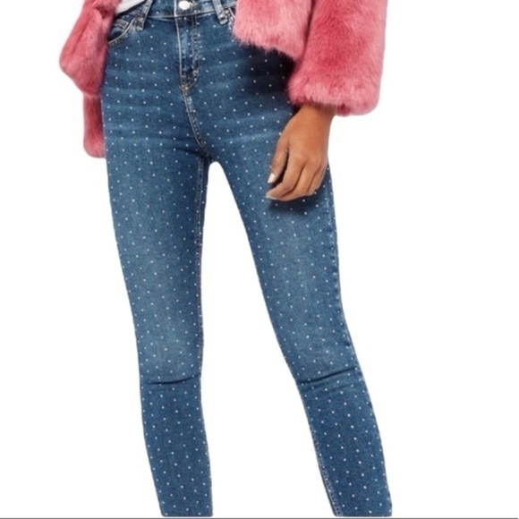 Topshop| ‘Moto Jamie’ Diamond Rhinestone Denim Skinny Blue Jeans Sz 32W & 30L - Picture 1 of 5